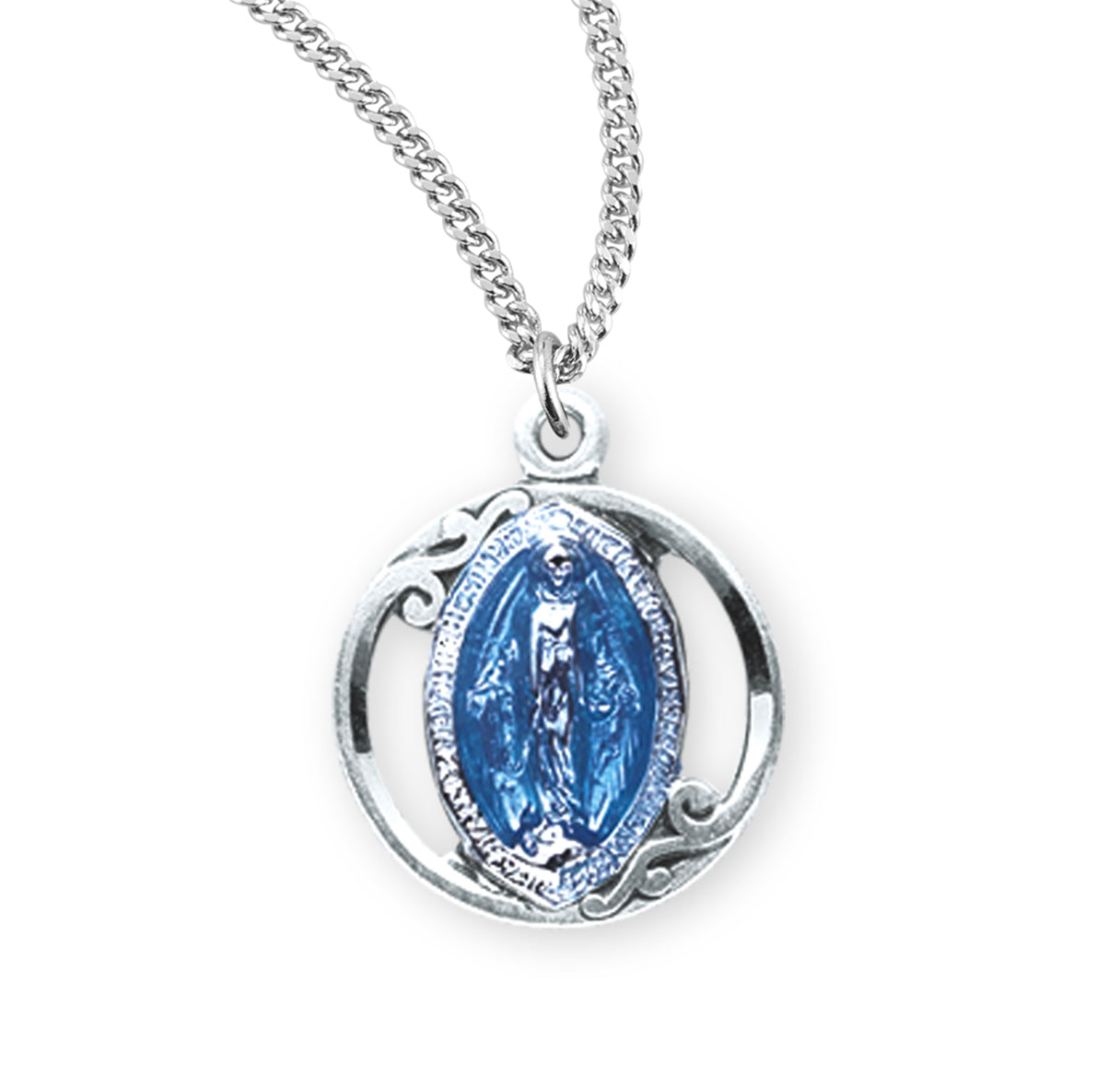Sterling Silver Blue Enameled Miraculous Medal Pendant with Chain | .925 Silver