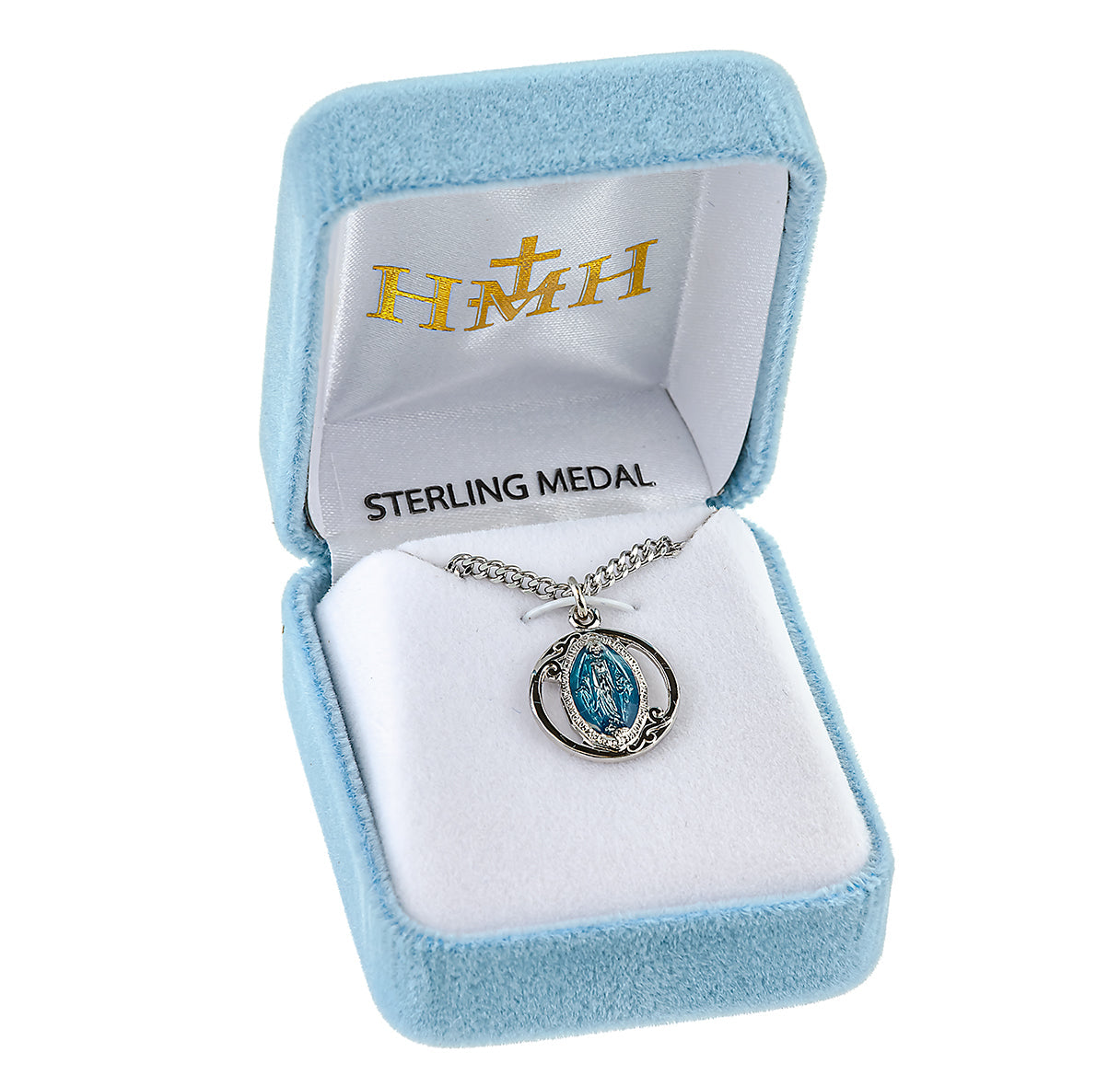 Sterling Silver Blue Enameled Miraculous Medal Pendant with Chain | .925 Silver