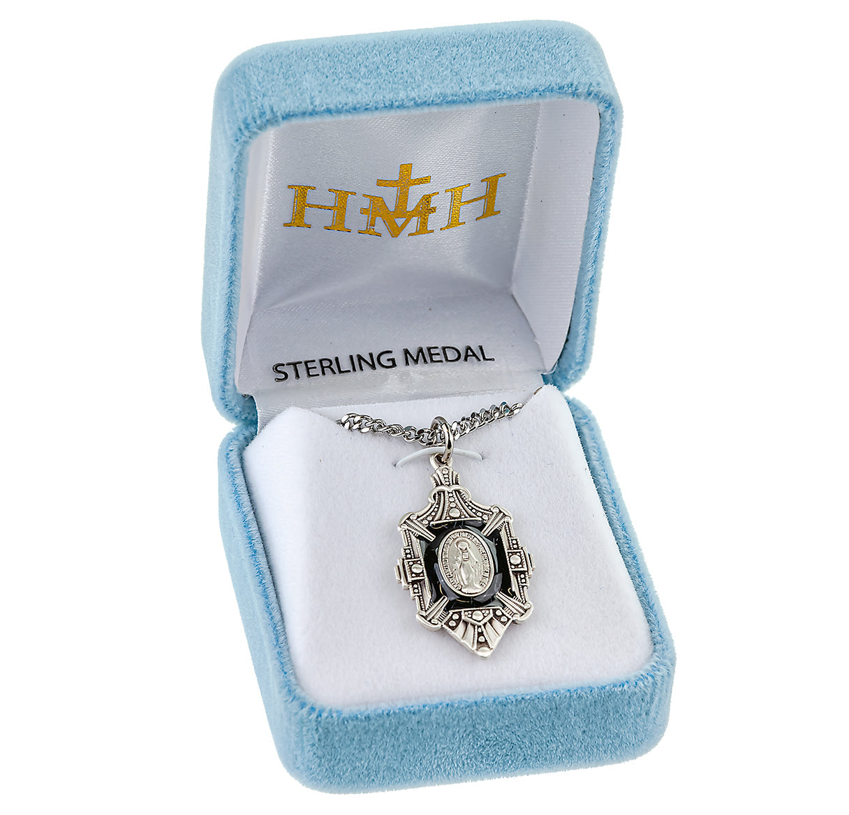 Sterling Silver Fancy Enameled Miraculous Medal Pendant with Chain | .925 Silver