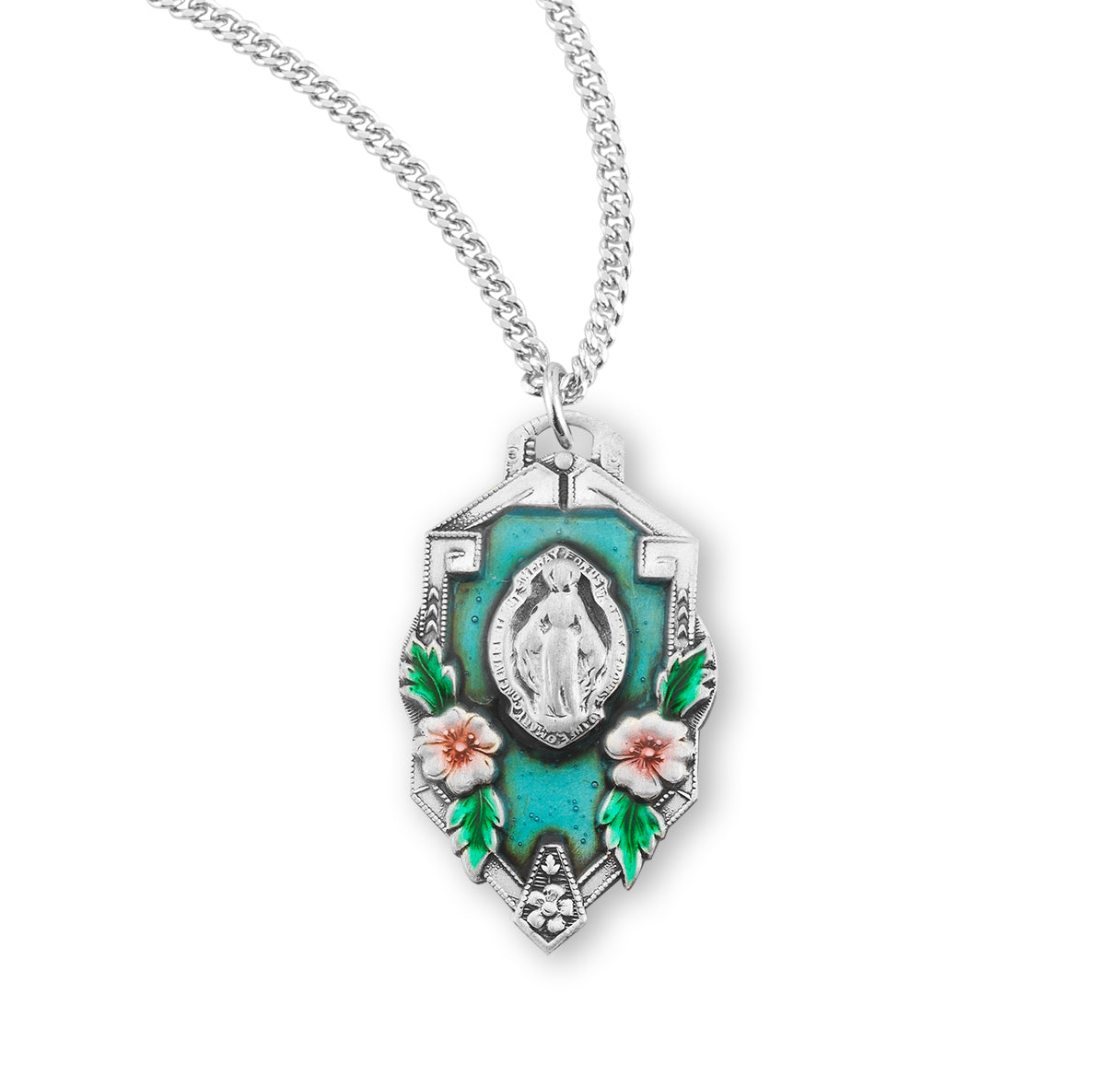 Sterling Silver Miraculous Medal Pendant with Chain in a Flower Frame | .925 Silver