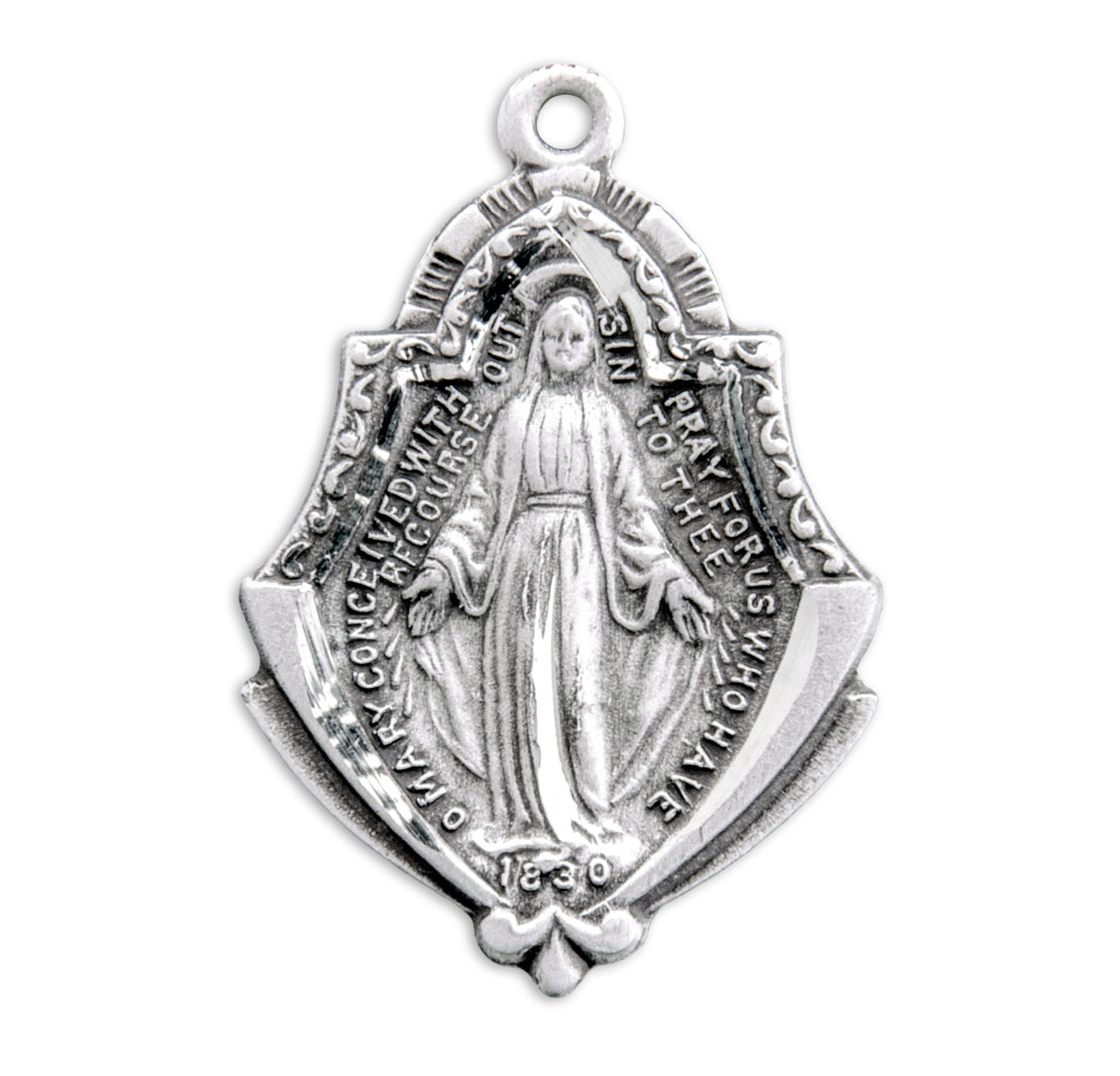 Sterling Silver Miraculous Medal Pendant with Chain with Art Deco Border | .925 Silver