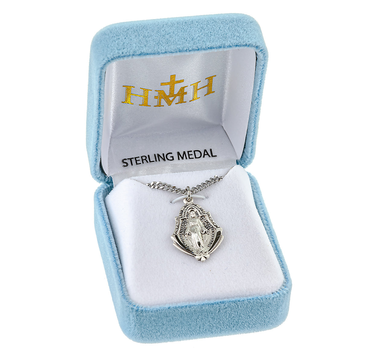 Sterling Silver Miraculous Medal Pendant with Chain with Art Deco Border | .925 Silver