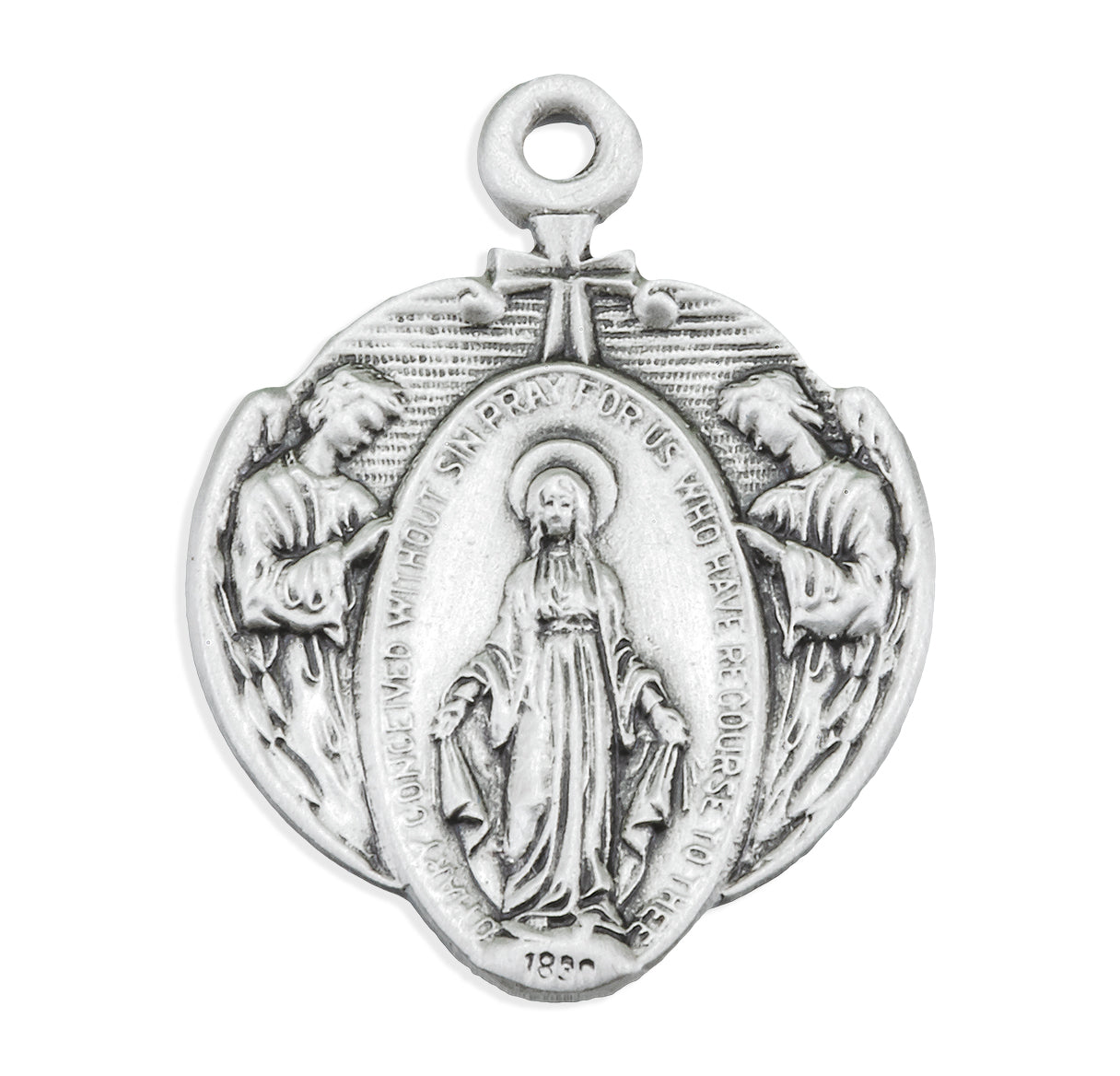 Sterling Silver Miraculous Medal with Angel Border Necklace | .925 Silver