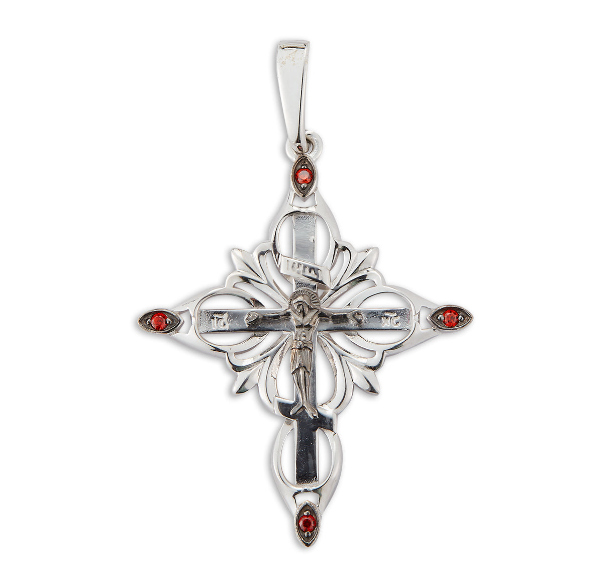 Sterling Silver Ornate Crucifix with Fire Red CZ tips Necklace | .925 Silver