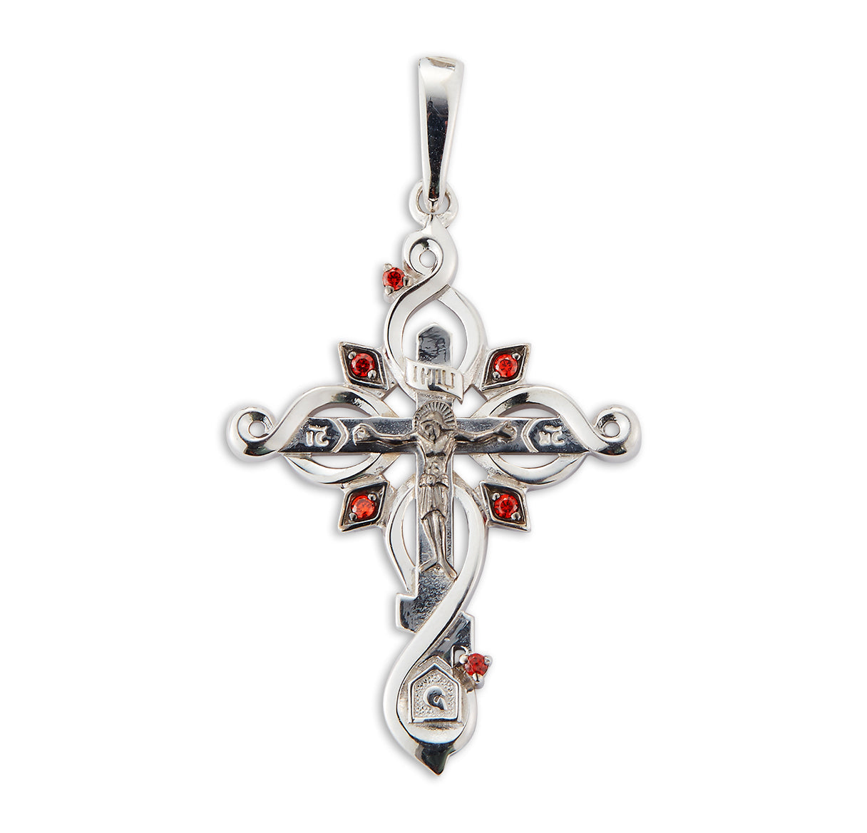 Sterling Silver Ornate Crucifix with Fire Red CZ Accents Necklace | .925 Silver