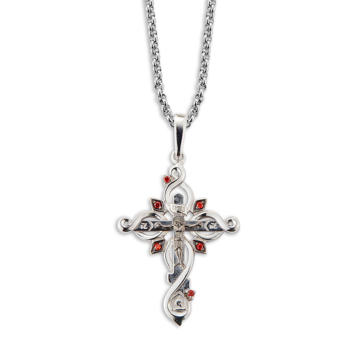 Sterling Silver Ornate Crucifix with Fire Red CZ Accents Necklace | .925 Silver