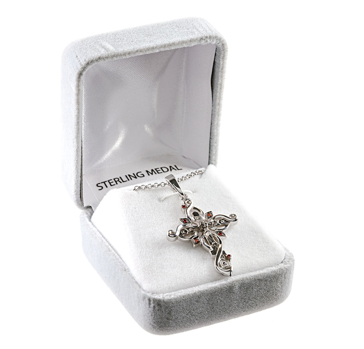 Sterling Silver Ornate Crucifix with Fire Red CZ Accents Necklace | .925 Silver