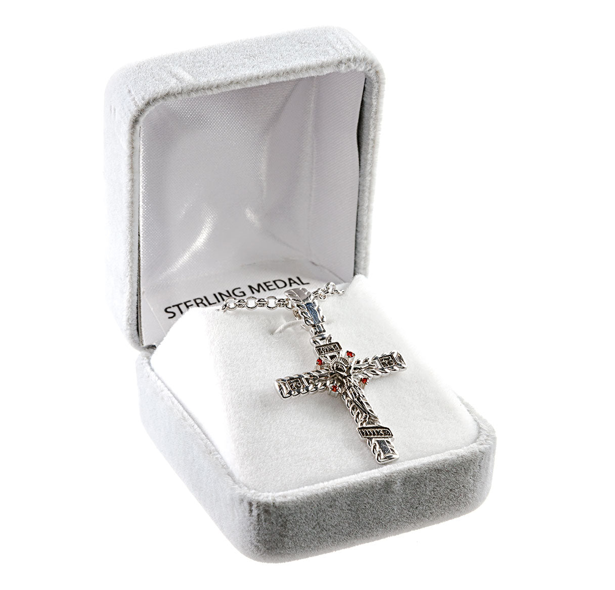 Sterling Silver Intricate Crucifix Fire Red CZ Accents Necklace | .925 Silver