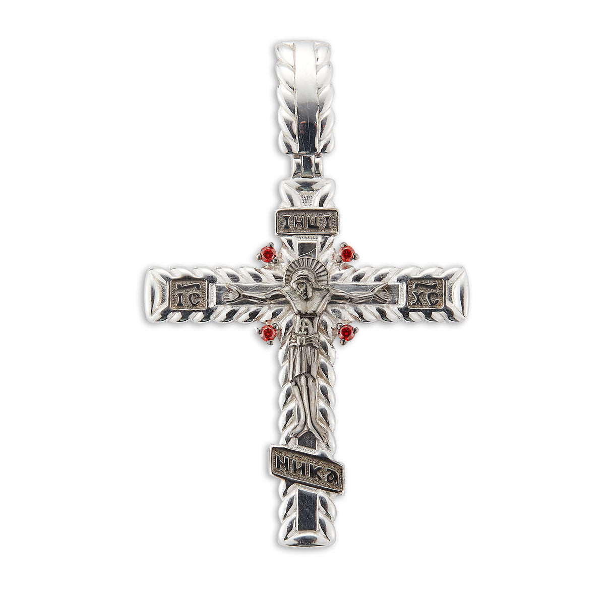 Sterling Silver Intricate Crucifix Fire Red CZ Accents Necklace | .925 Silver