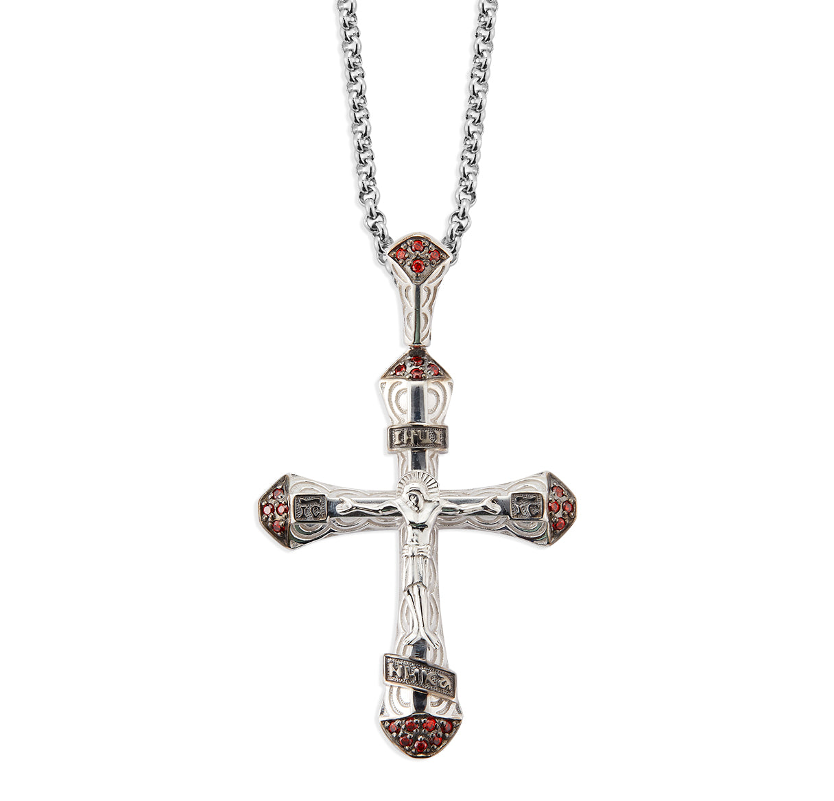 Sterling Silver Crucifix with Red CZ Tips 24" Chain Necklace | .925 Silver