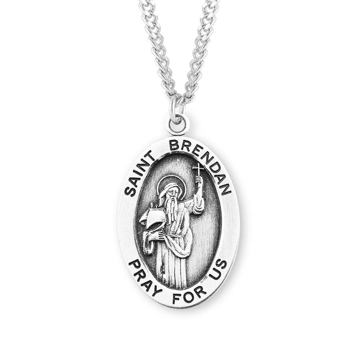 Patron Saint Brendan Oval Sterling Silver Medal Pendant with Chain | .925 Silver