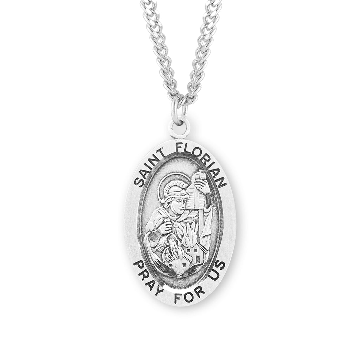 Patron Saint Florian Oval Sterling Silver Medal Pendant with Chain | .925 Silver