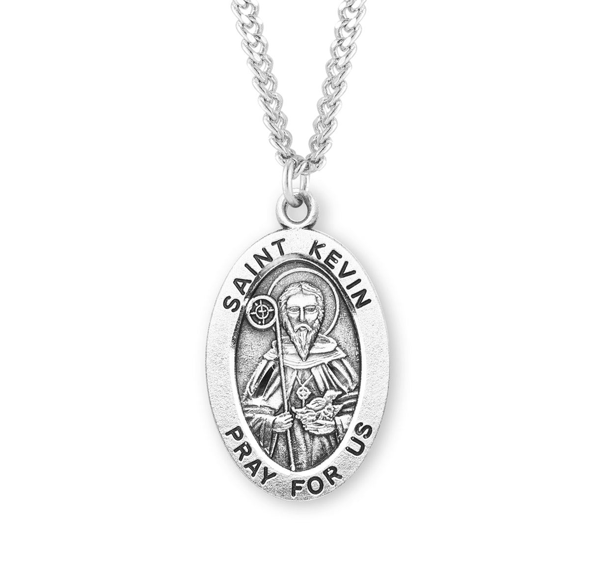 Patron Saint Kevin Oval Sterling Silver Medal Pendant with Chain | .925 Silver