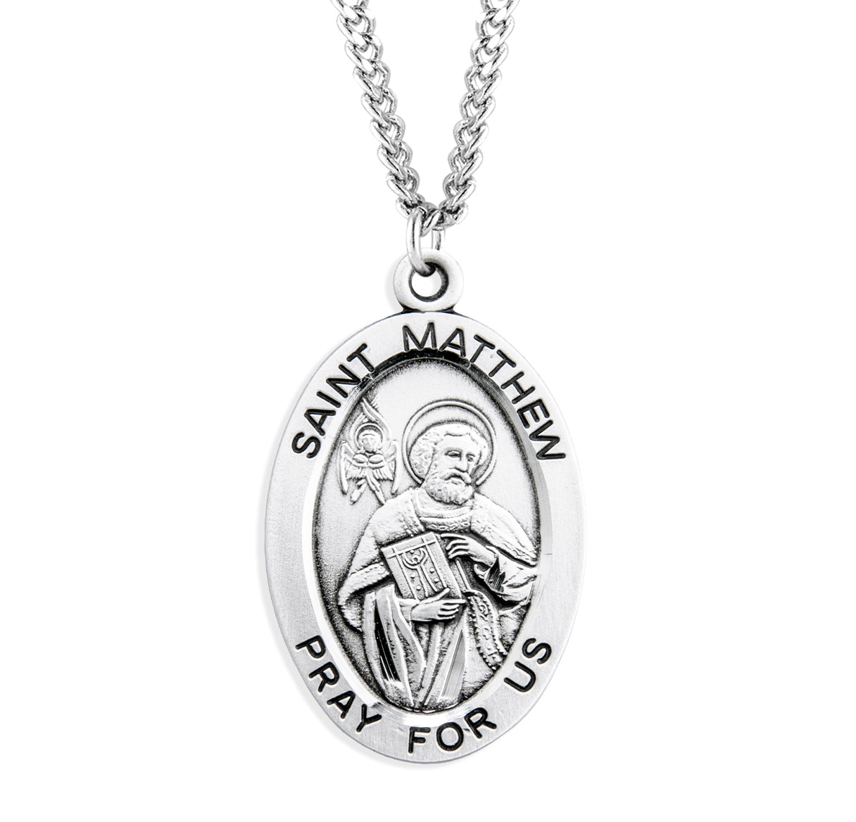 Patron Saint Matthew Oval Sterling Silver Medal Pendant with Chain | .925 Silver