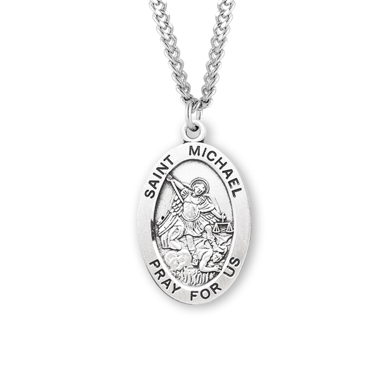Patron Saint Michael Oval Sterling Silver Medal Pendant with Chain | .925 Silver
