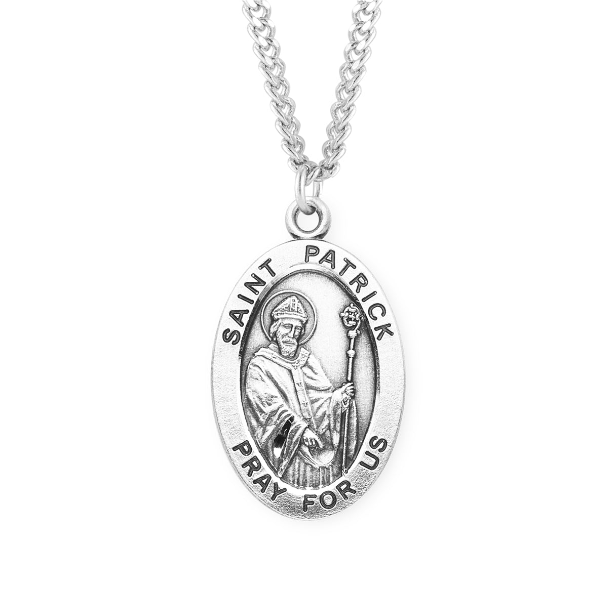 Patron Saint Patrick Oval Sterling Silver Medal Pendant with Chain | .925 Silver