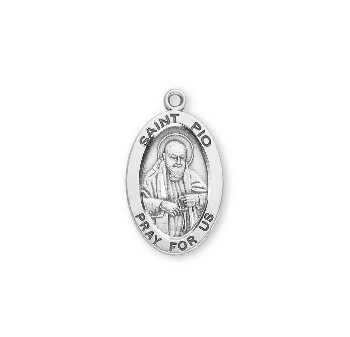 Patron Saint Padre Pio Oval Sterling Silver Medal Pendant with Chain | .925 Silver