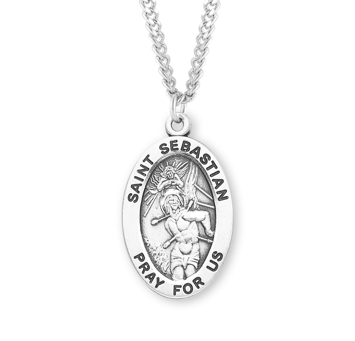 Patron Saint Sebastian Oval Sterling Silver Medal Pendant with Chain | .925 Silver
