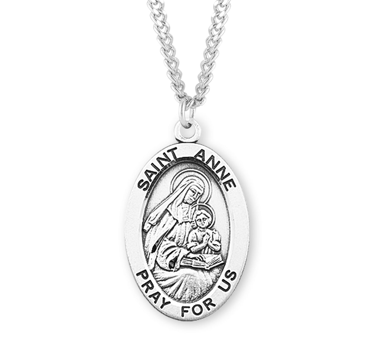 Patron Saint Anne Oval Sterling Silver Medal Pendant with Chain | .925 Silver