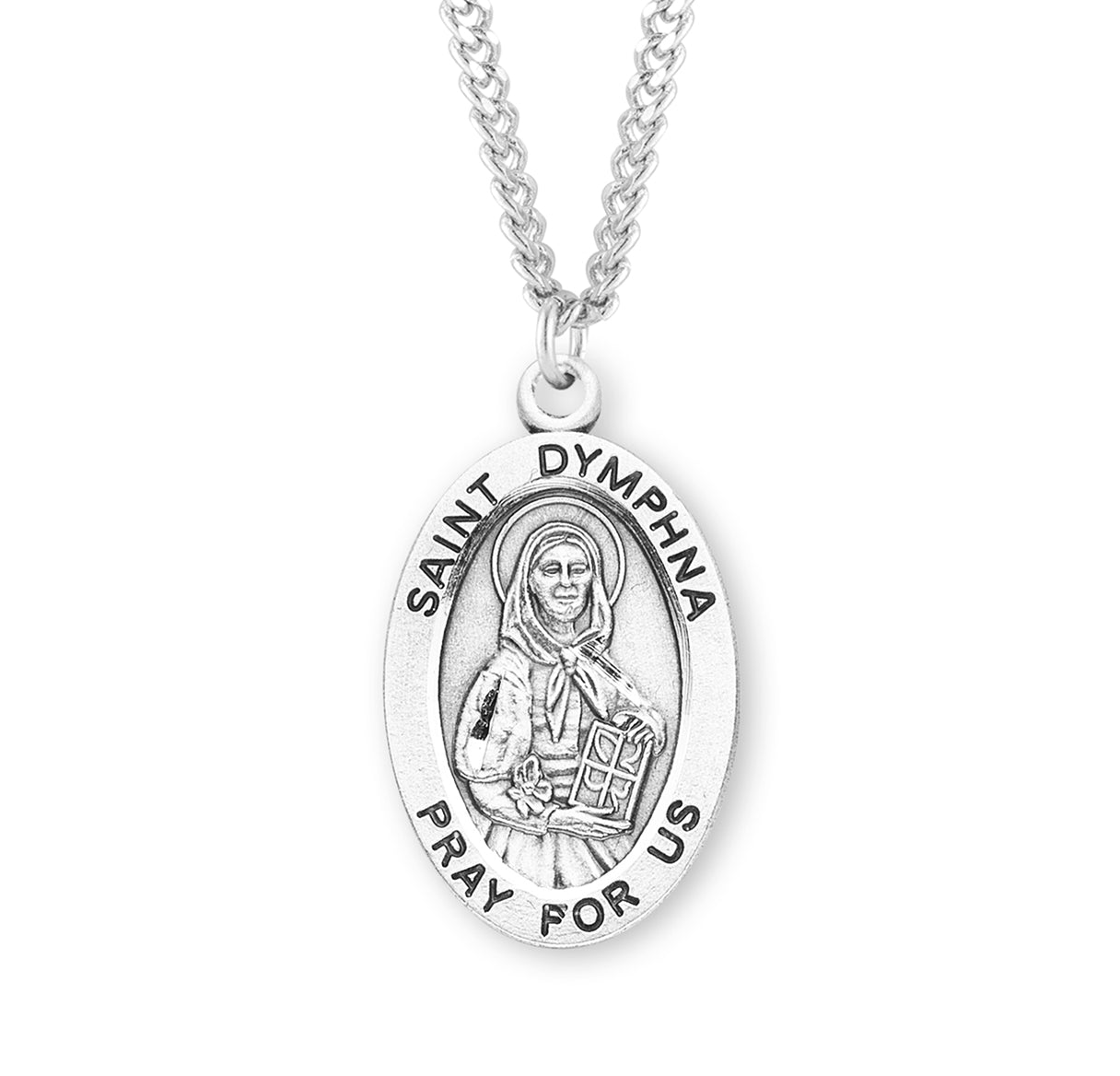 Patron Saint Dymphna Oval Sterling Silver Medal Pendant with Chain | .925 Silver