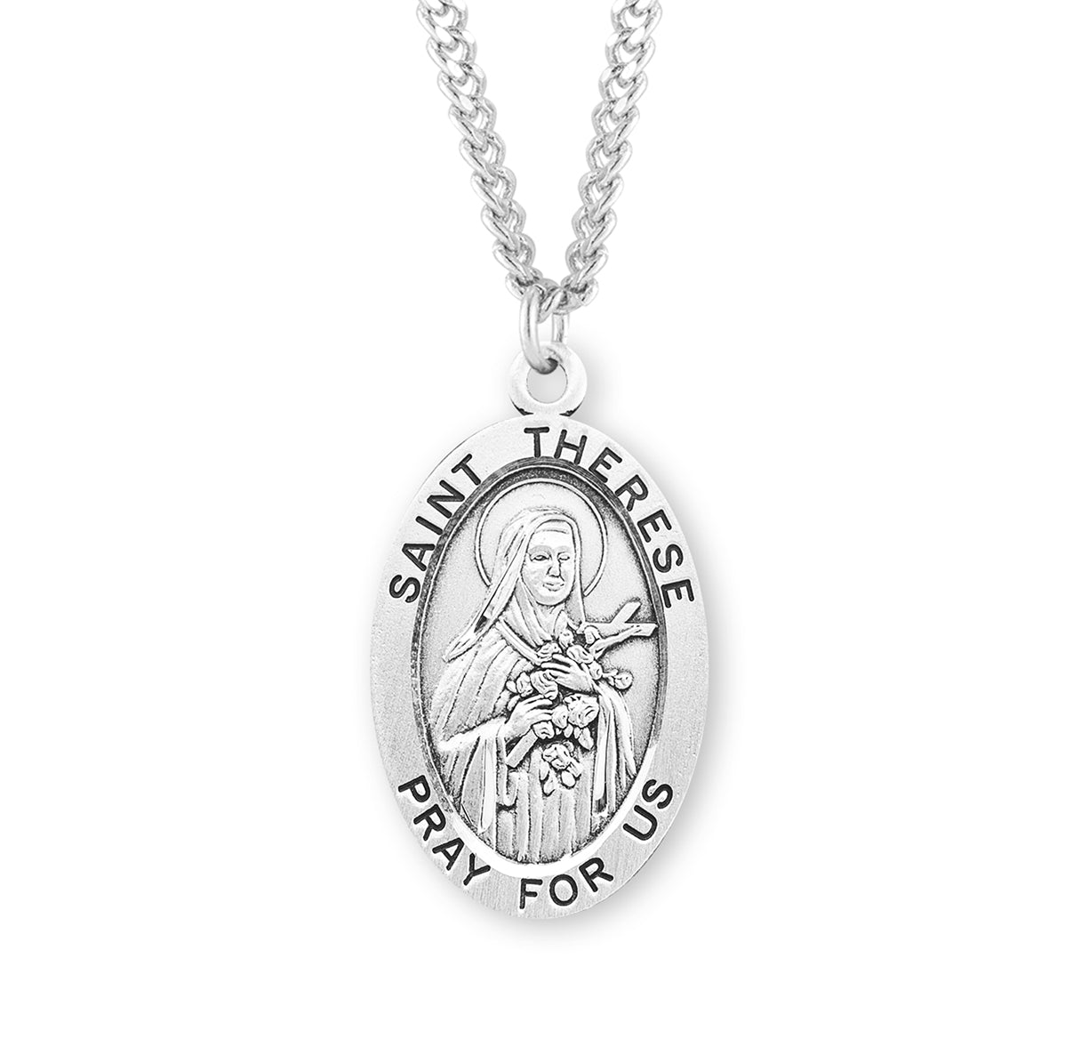 Patron Saint Therese of Lisieux Oval Sterling Silver Medal Pendant with Chain | .925 Silver