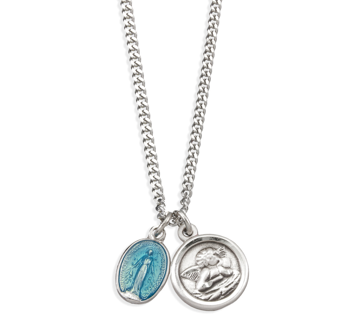 Sterling Silver Blue enamel Miraculous Medal and Sterling Cherub Medal Pendant with Chain | .925 Silver