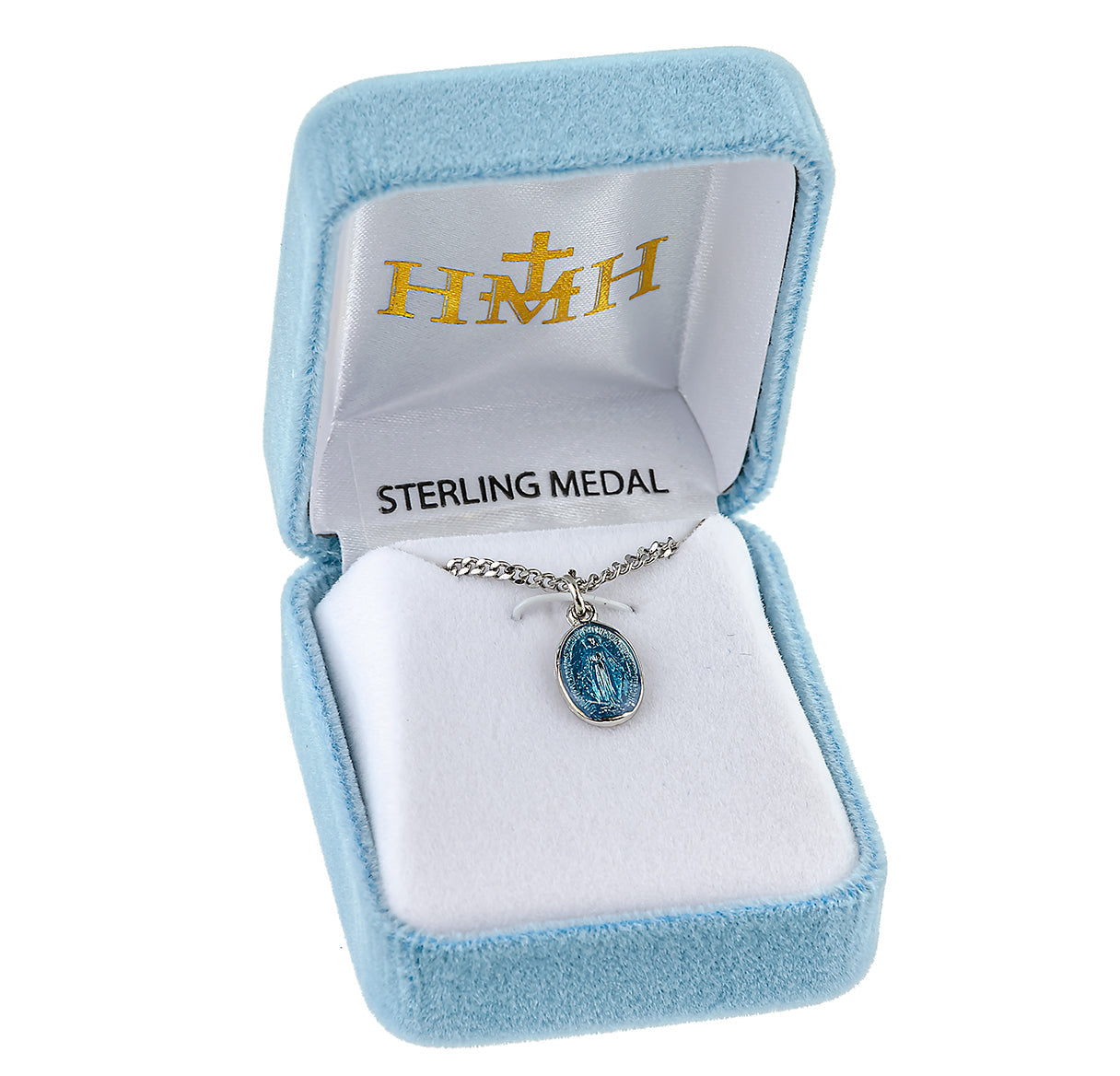 Sterling Silver Oval Blue Enameled Miraculous Medal Pendant with Chain | .925 Silver