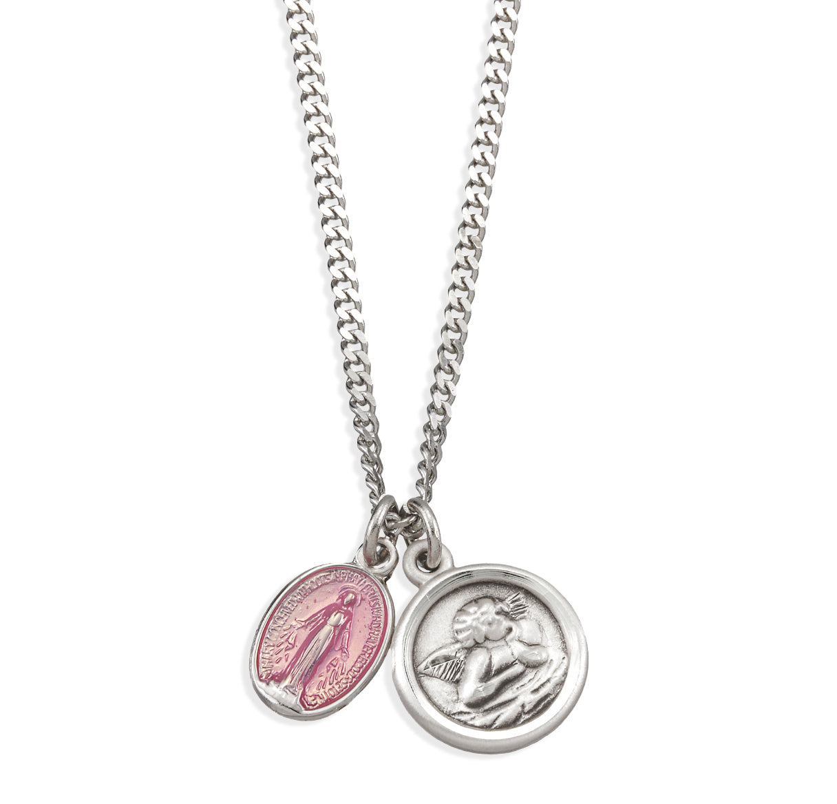 Sterling Silver Pink enamel Miraculous Medal and Sterling Cherub Medal Necklace | .925 Silver