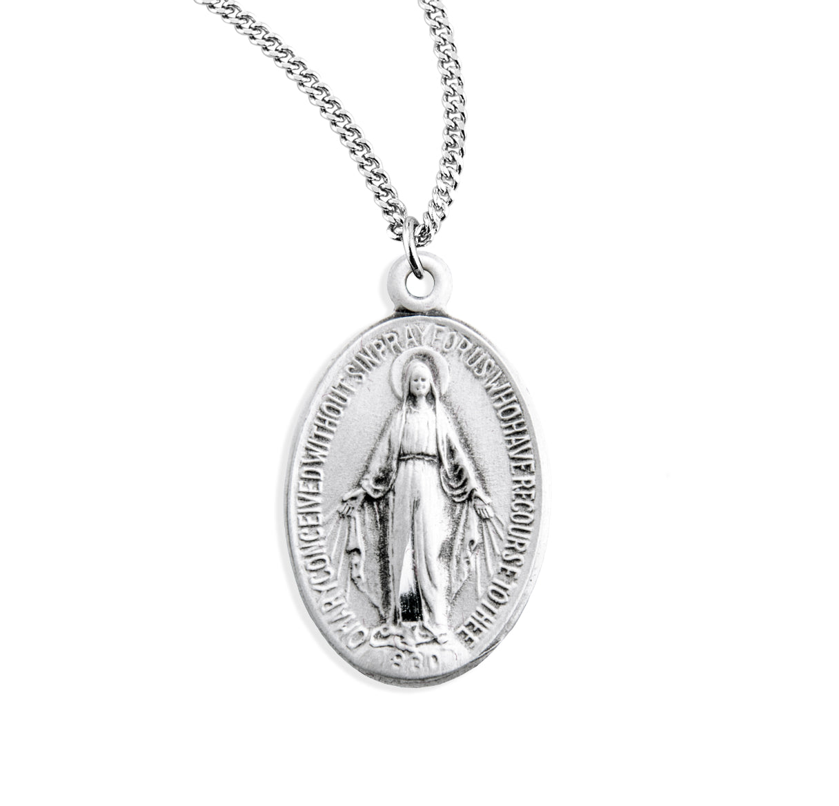 Sterling Silver Oval Miraculous Medal Pendant with Chain | .925 Silver