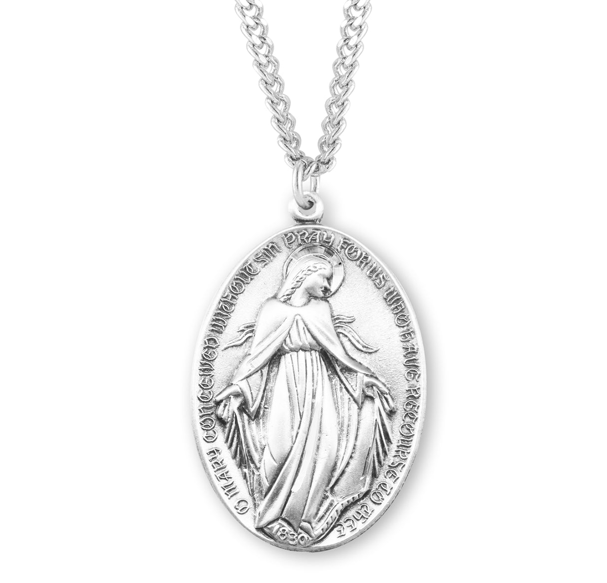 Sterling Silver Profile "Art Deco" Style Miraculous Medal Pendant with Chain | .925 Silver