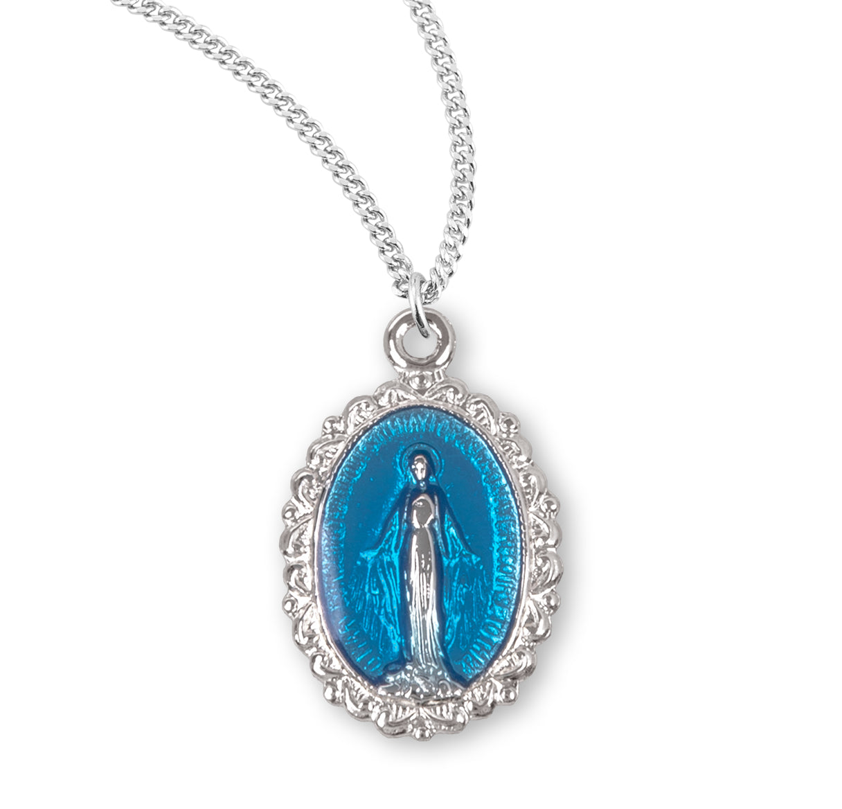Sterling Silver Oval Blue Enameled Miraculous Medal Pendant with Chain | .925 Silver