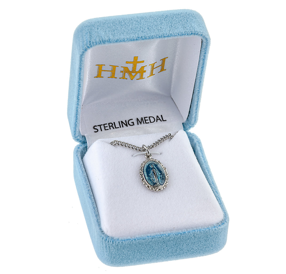Sterling Silver Oval Blue Enameled Miraculous Medal Pendant with Chain | .925 Silver