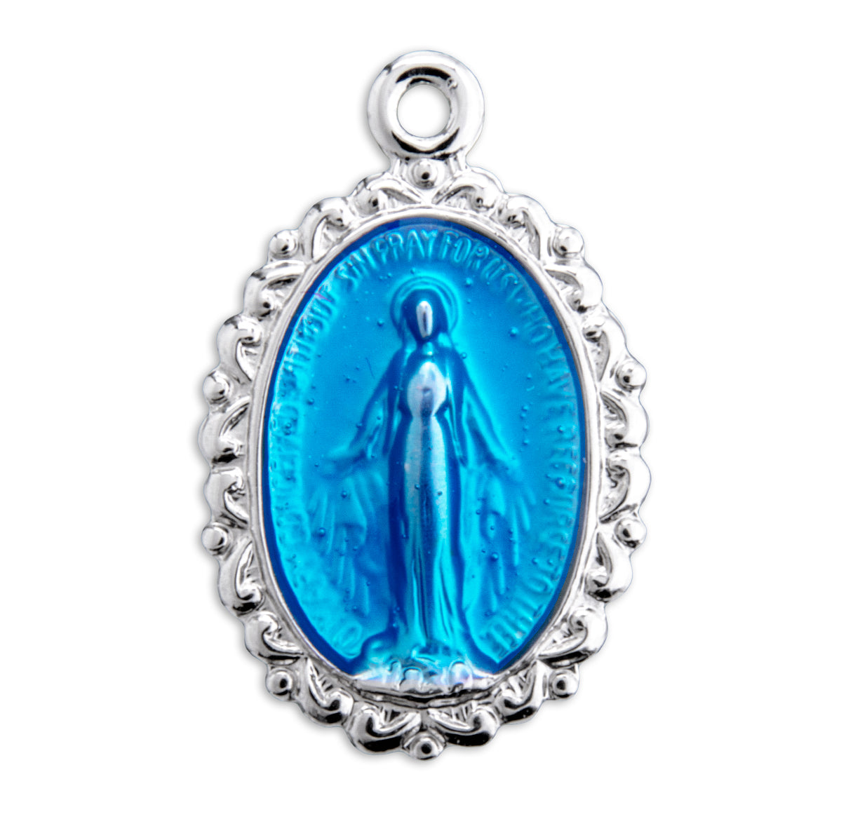 Sterling Silver Oval Blue Enameled Miraculous Medal Pendant with Chain | .925 Silver