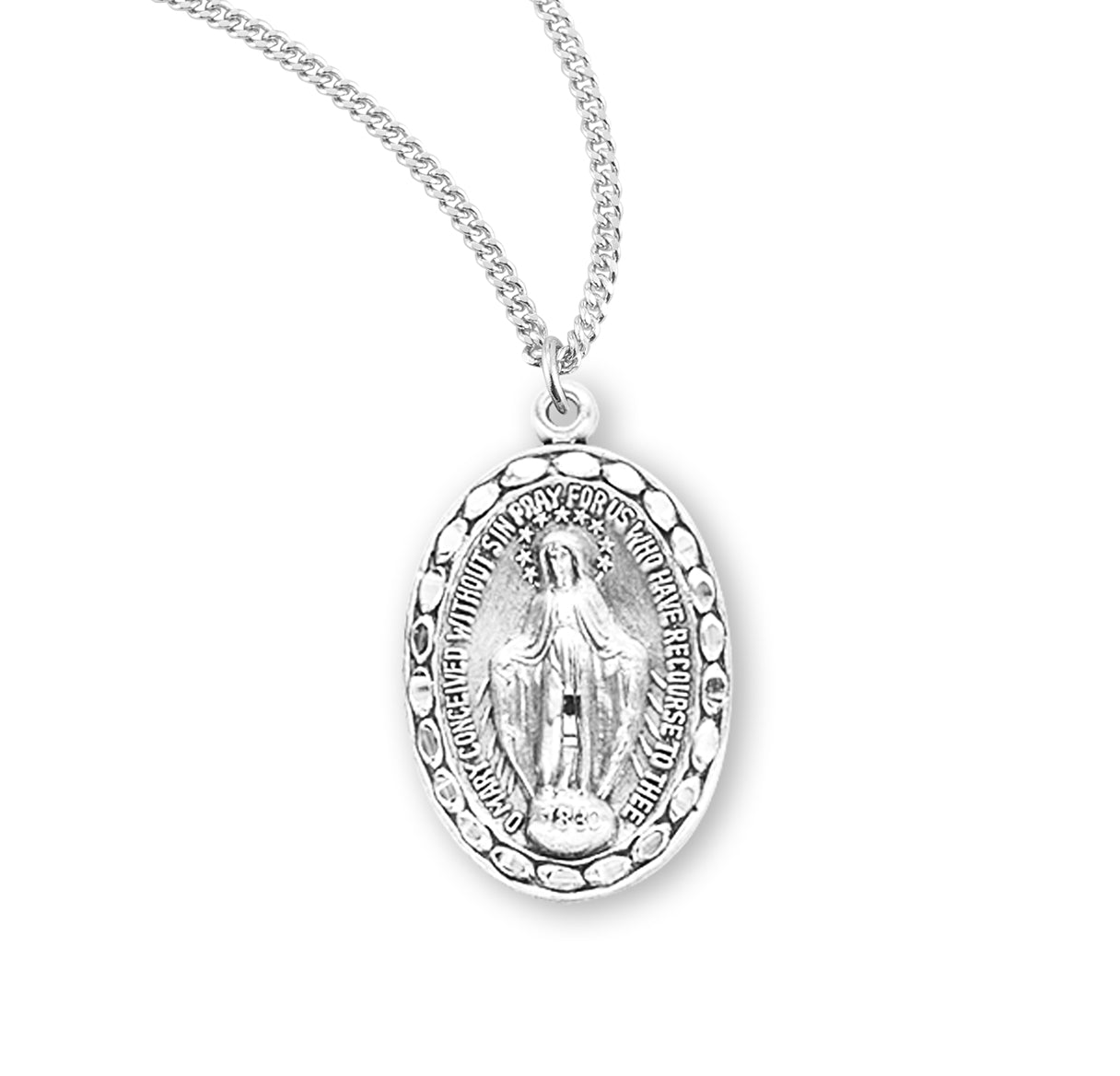 Sterling Silver Oval Miraculous Medal Pendant with Chain | .925 Silver
