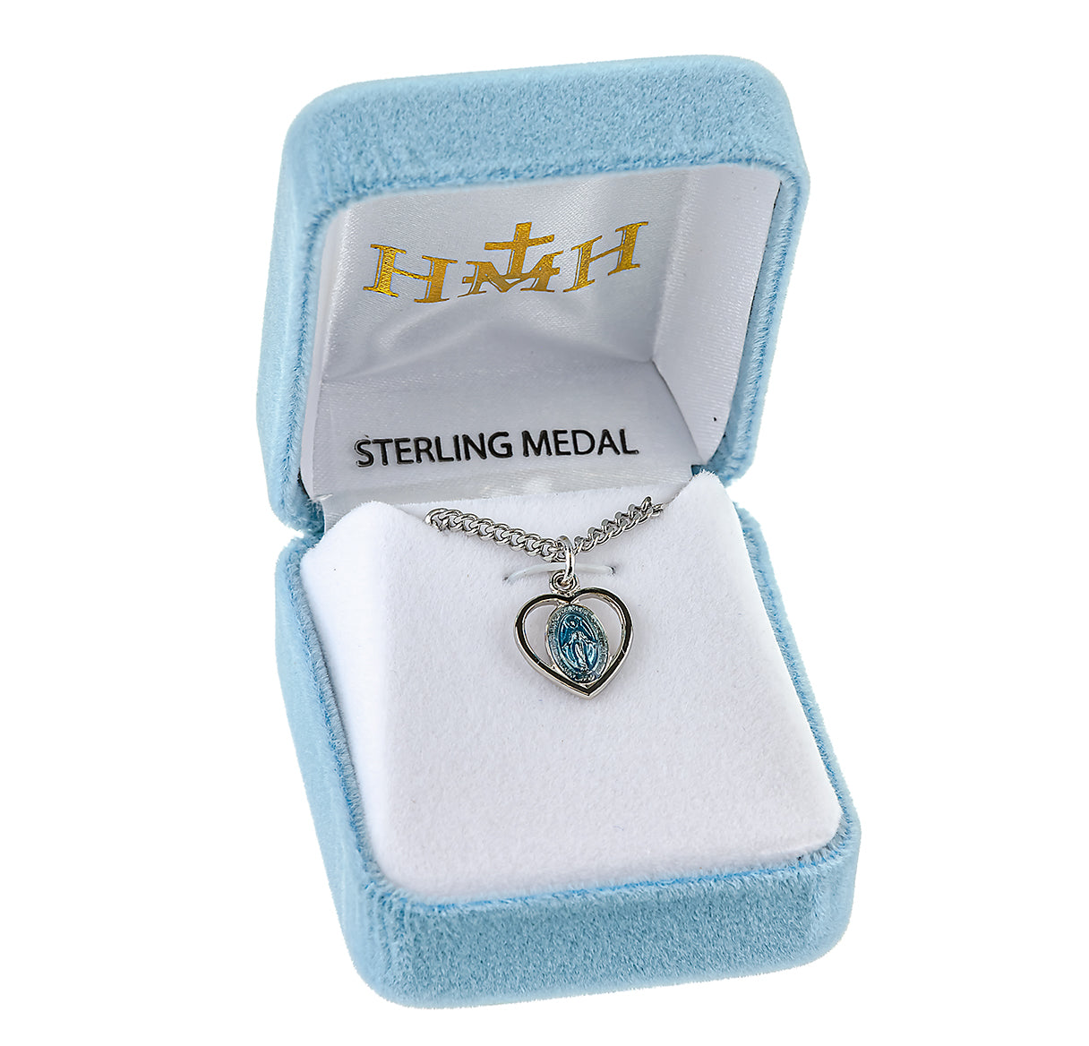 Sterling Silver Blue Enameled Miraculous Medal Pendant with Chain | .925 Silver