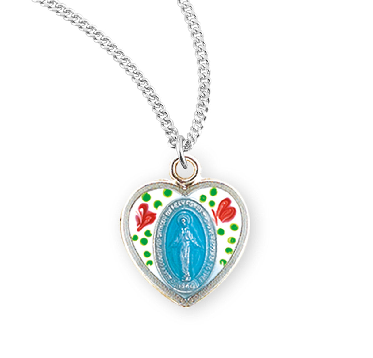 Sterling Silver Flower Enameled Heart Shape Miraculous Medal Pendant with Chain | .925 Silver