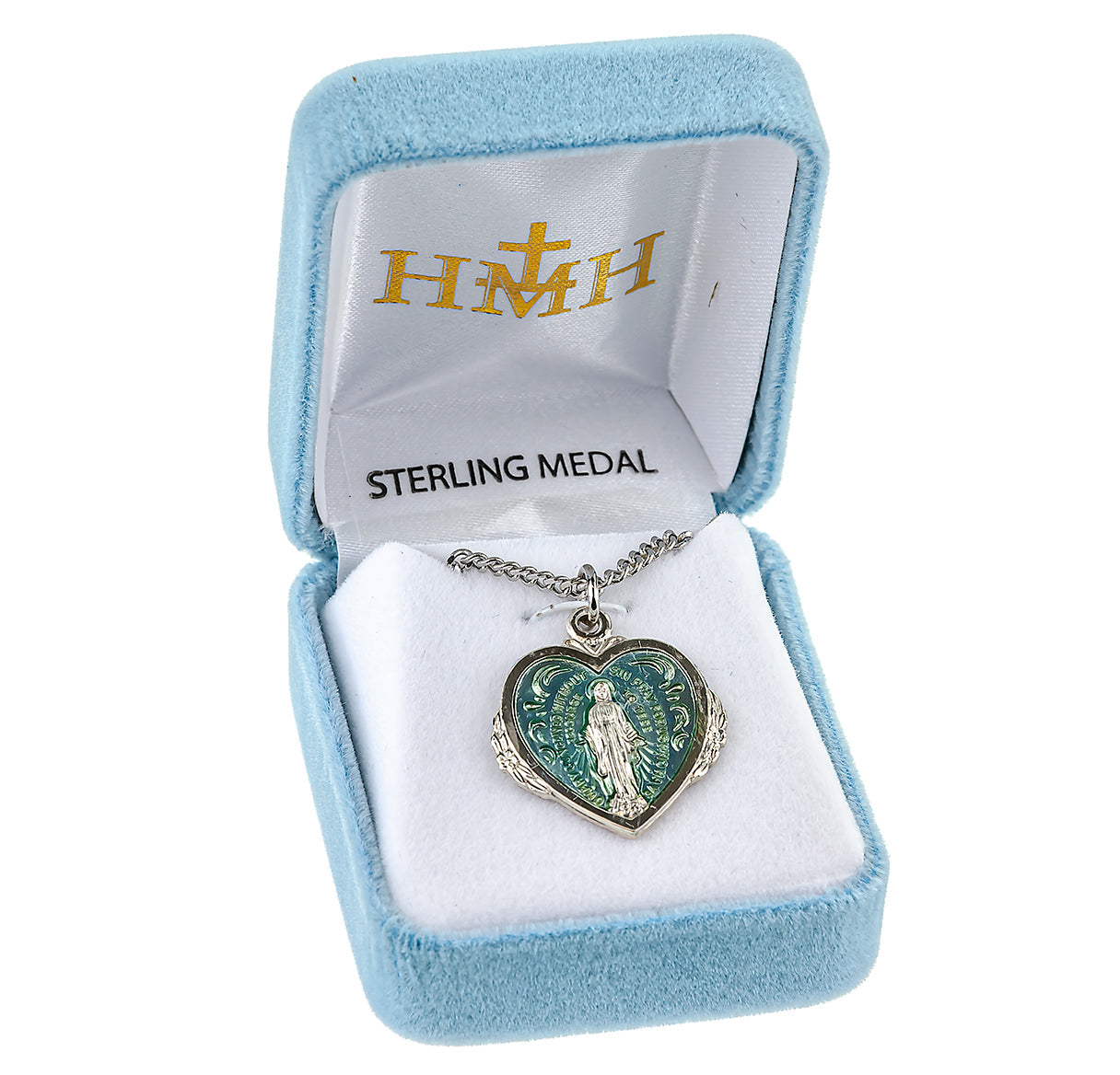 Sterling Silver Blue Enameled Heart Shape Miraculous Medal Pendant with Chain | .925 Silver
