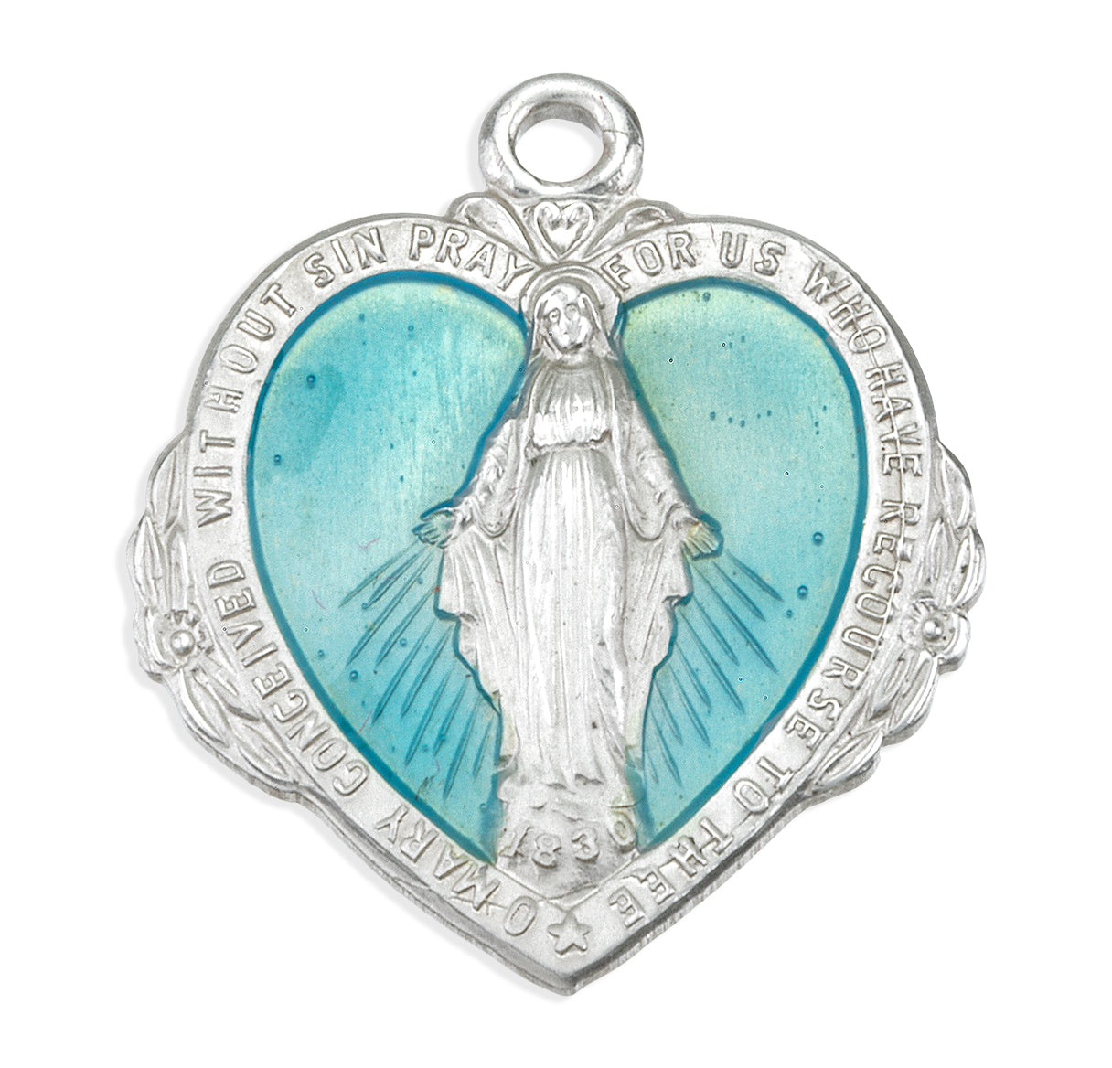 Sterling Silver Blue Enameled Heart Shape Miraculous Medal Pendant with Chain | .925 Silver