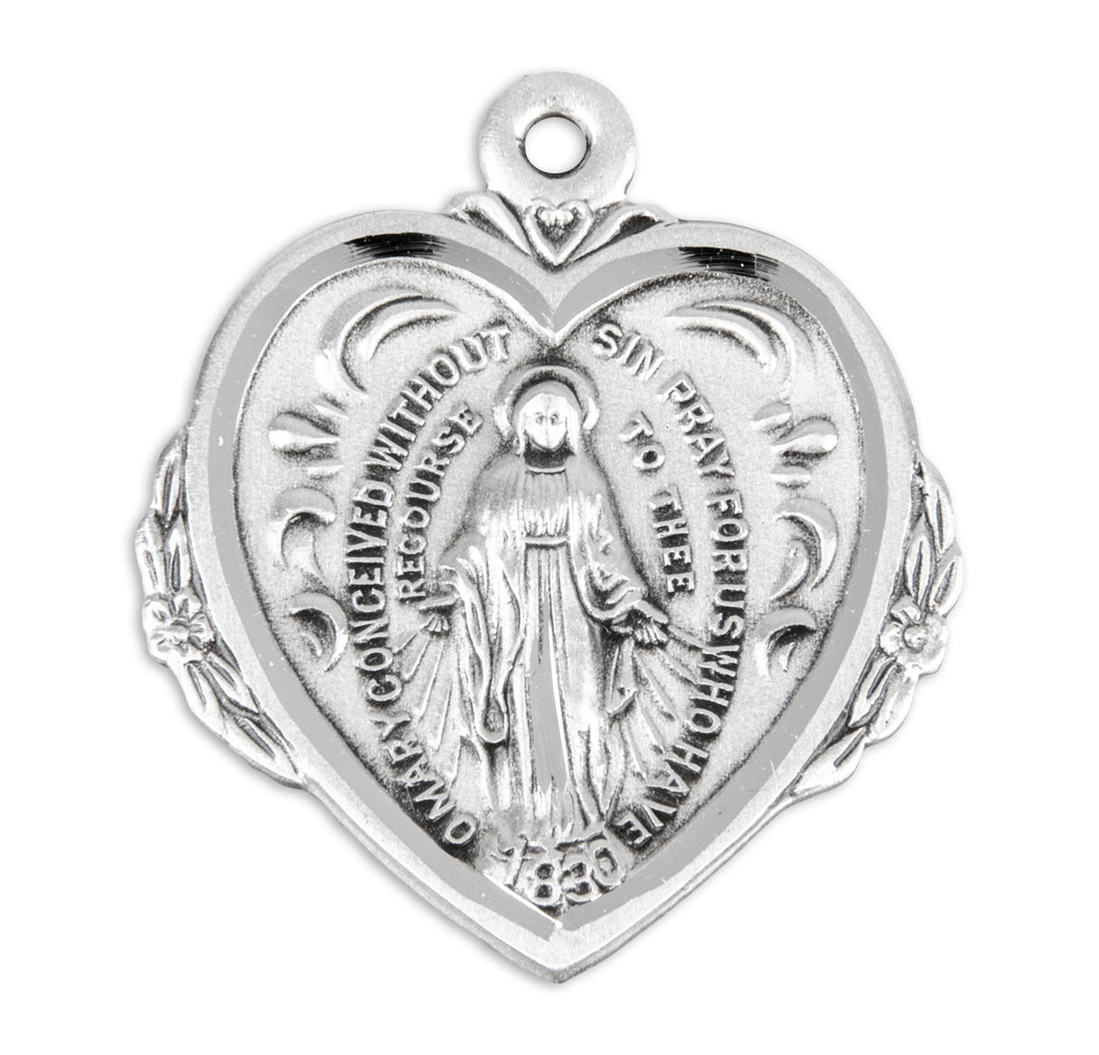 Sterling Silver Heart Shape Miraculous Medal Pendant with Chain | .925 Silver