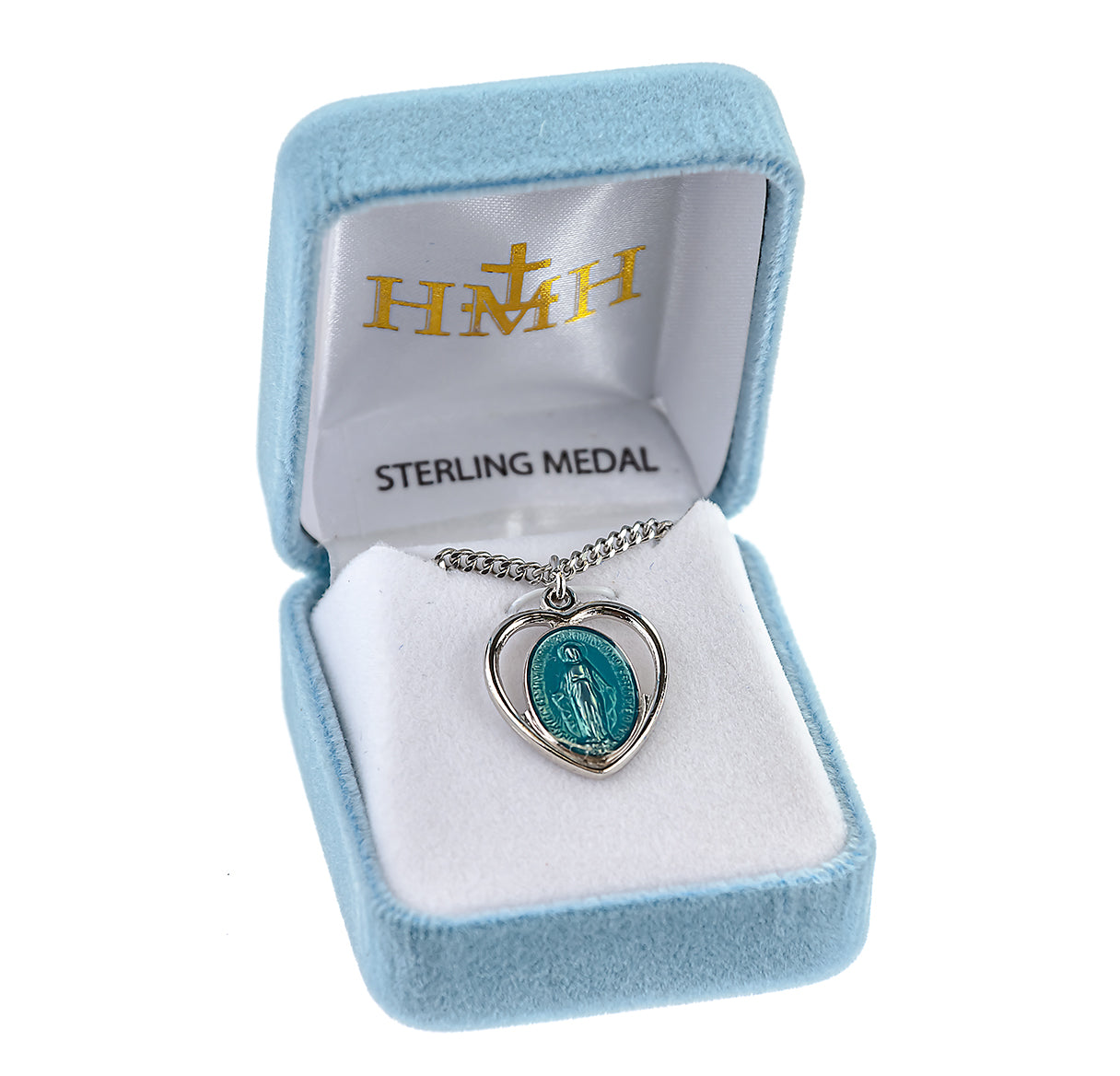 Blue Enameled Sterling Silver Miraculous Medal Pendant with Chain | .925 Silver