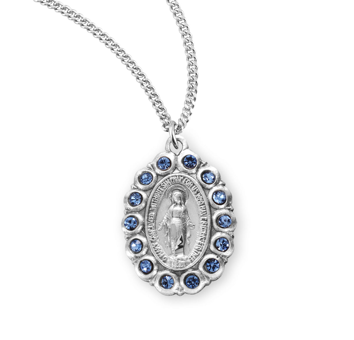 Sterling Silver Oval Miraculous Medal Pendant with Chain Set with Light Sapphire Crystals | .925 Silver