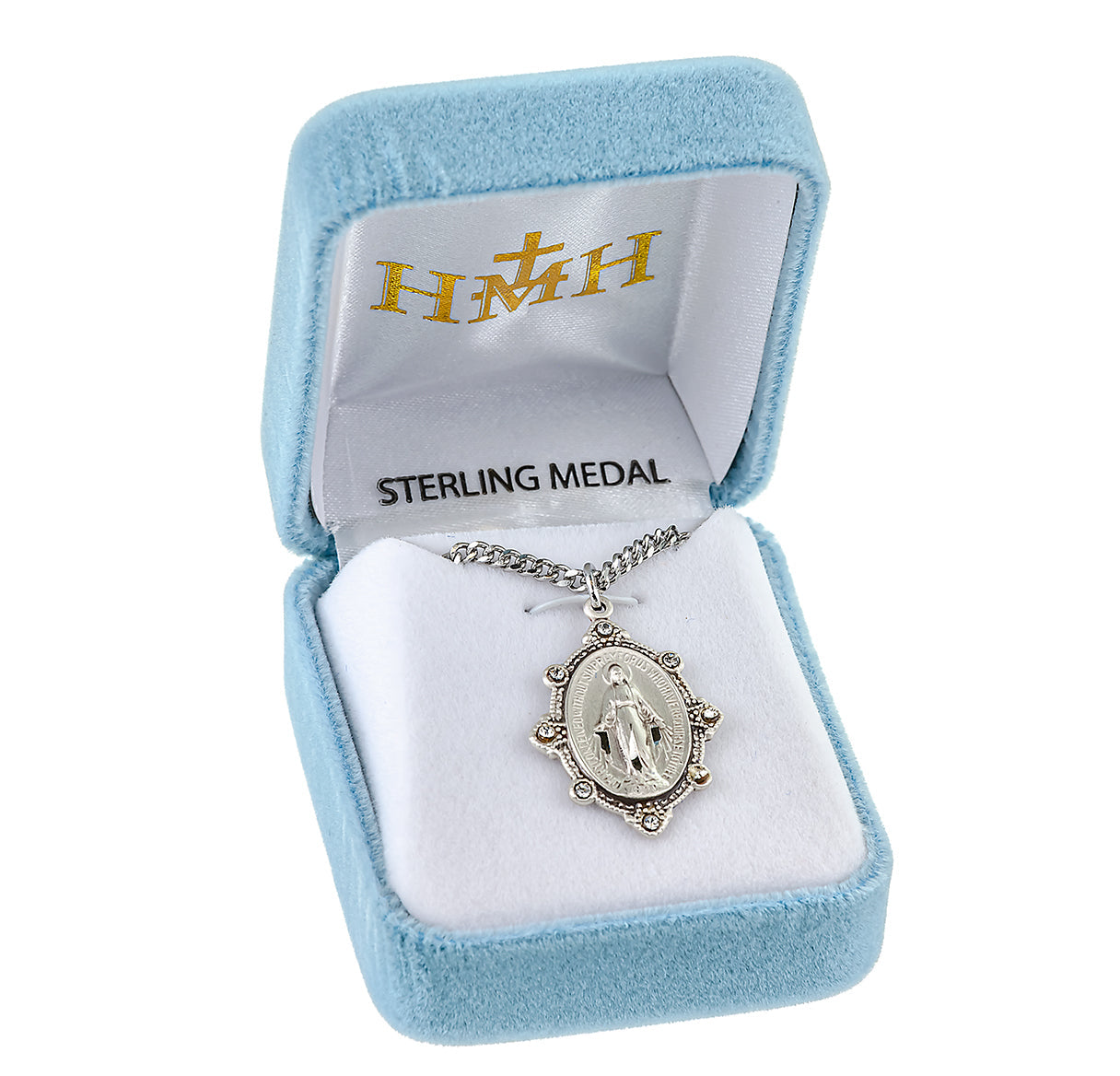 Sterling Silver Oval Miraculous Medal Pendant with Chain Set with Clear Crystals | .925 Silver