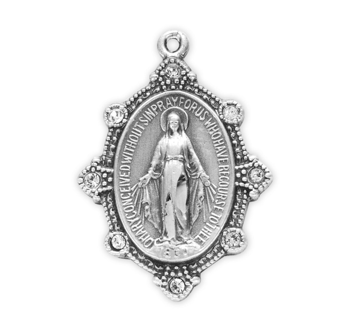 Sterling Silver Oval Miraculous Medal Pendant with Chain Set with Clear Crystals | .925 Silver
