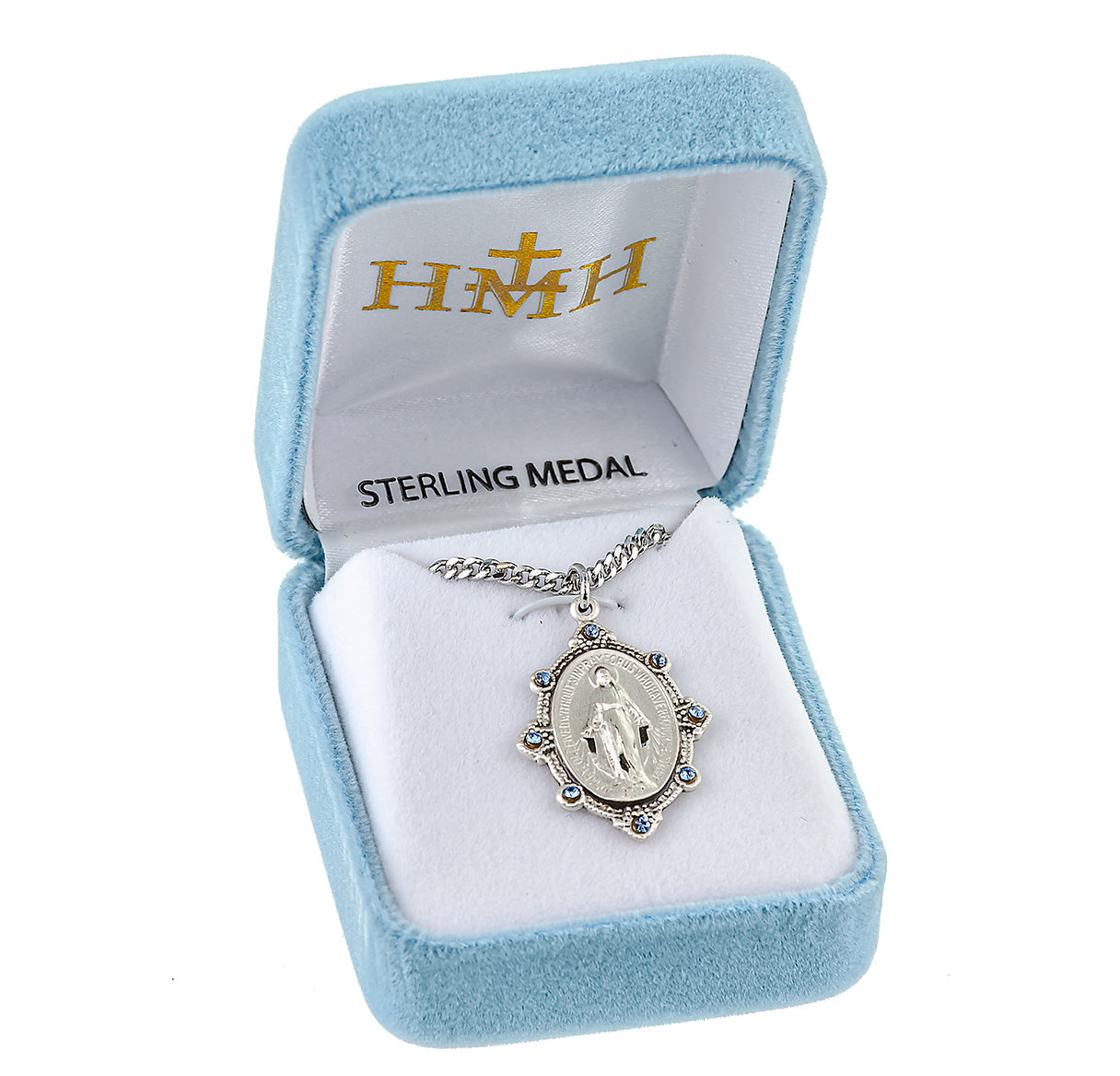 Sterling Silver Oval Miraculous Medal Pendant with Chain Set with Light Sapphire Crystals | .925 Silver