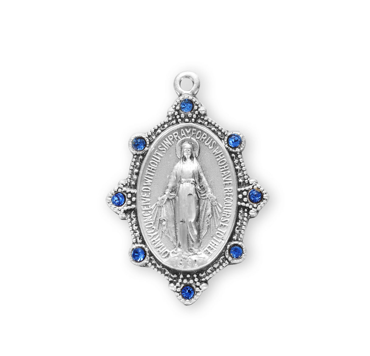 Sterling Silver Oval Miraculous Medal Pendant with Chain Set with Light Sapphire Crystals | .925 Silver