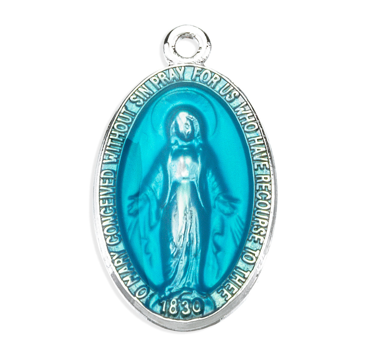 Sterling Silver Oval Blue Enameled Miraculous Medal Pendant with Chain | .925 Silver