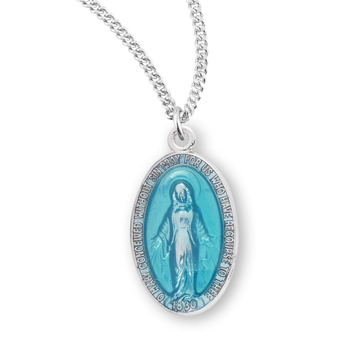Sterling Silver Oval Blue Enameled Miraculous Medal Pendant with Chain | .925 Silver