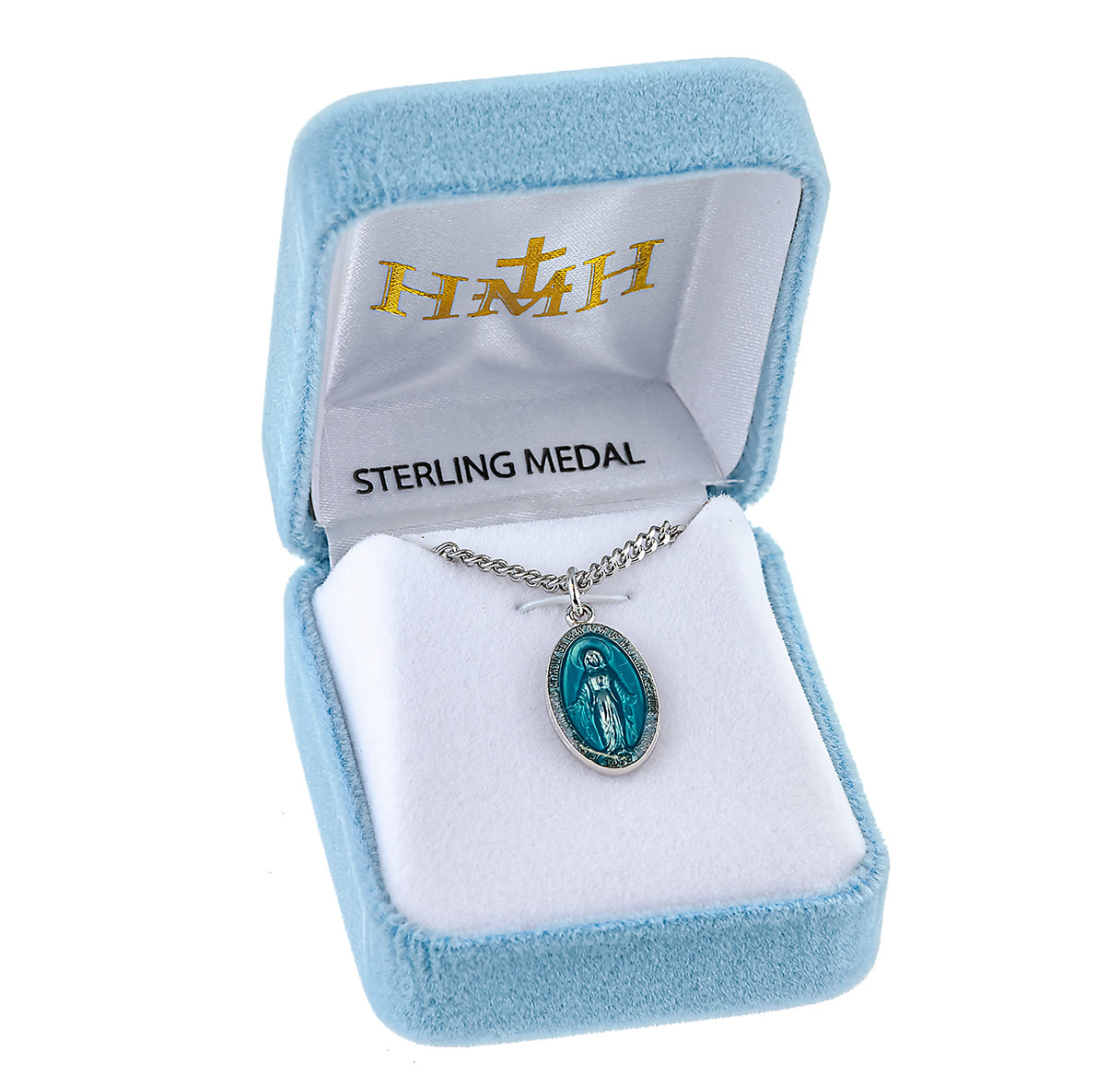 Sterling Silver Oval Blue Enameled Miraculous Medal Pendant with Chain | .925 Silver