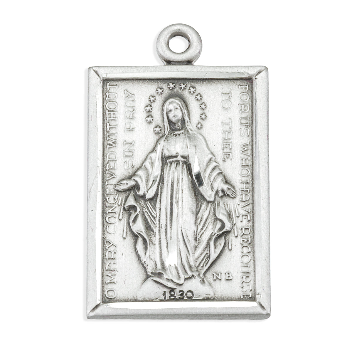 Sterling Silver Rectangular Miraculous Medal Pendant with Chain | .925 Silver