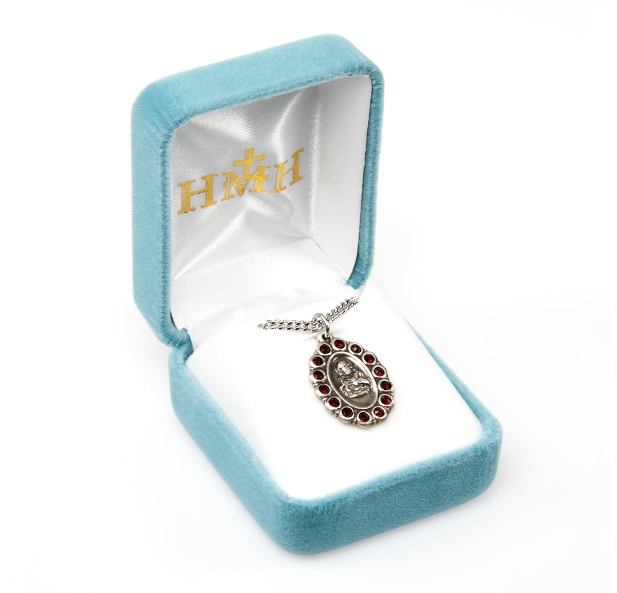 Sterling Silver Scapular Medal Set with Ruby Crystals Necklace | .925 Silver